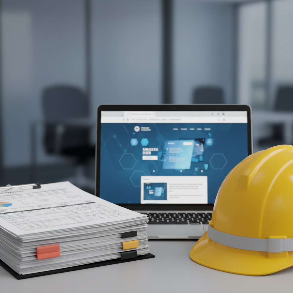 Documents administratifs, ordinateur et casque symbolisant la paperasse des travailleurs détachés.