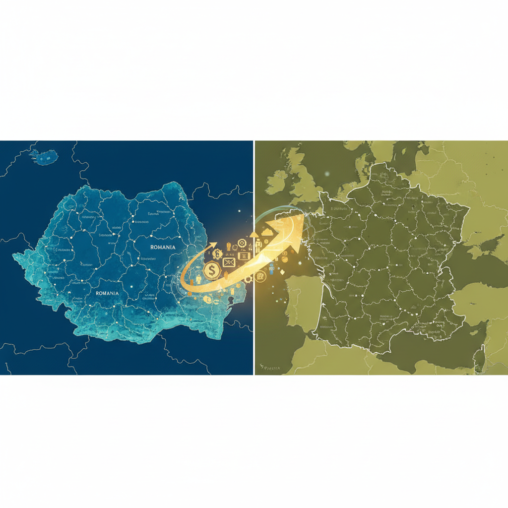 Flux de travailleurs et ressources entre la Roumanie et la France pour l'économie internationale.