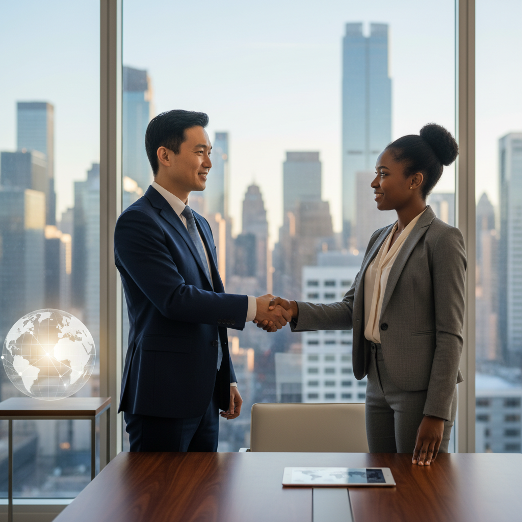 Poignée de main entre professionnels dans un bureau, symbole de recrutement international.