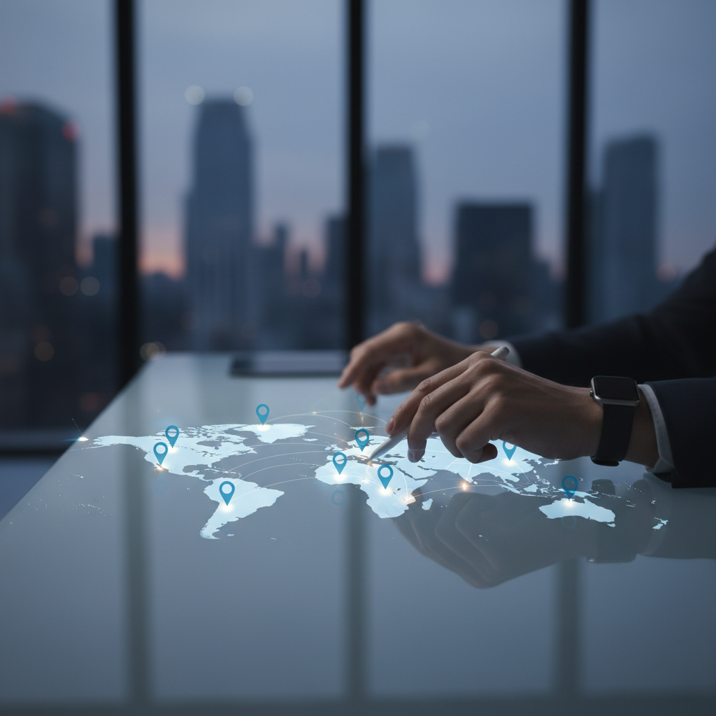 Un consultant en recrutement analyse une carte mondiale.