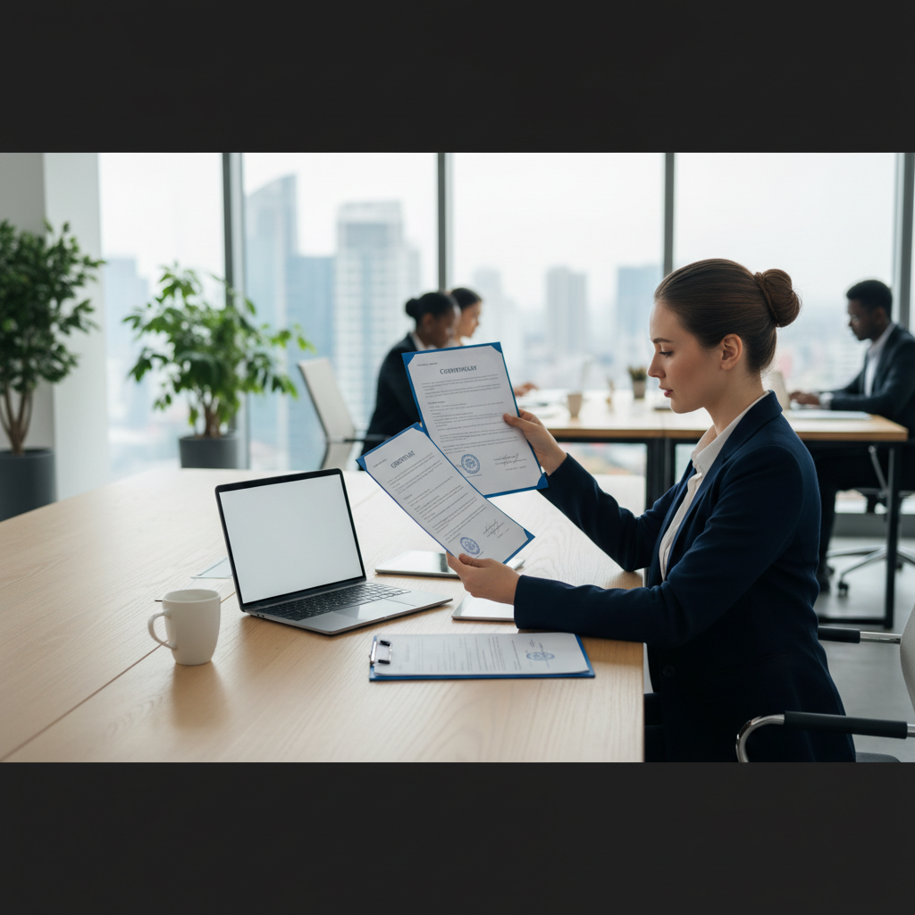 Un professionnel des RH examine des contrats de travail pour le recrutement international.