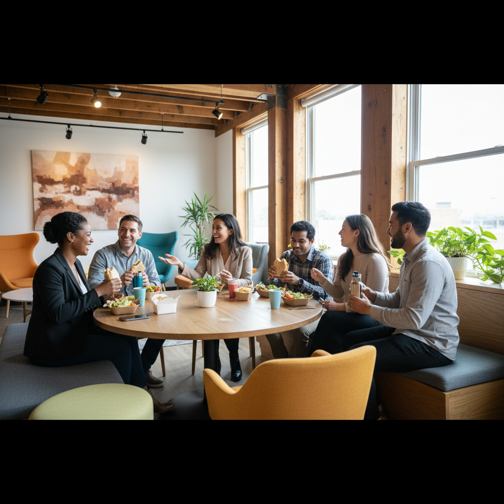 Des collègues de différentes origines partageant une pause déjeuner.