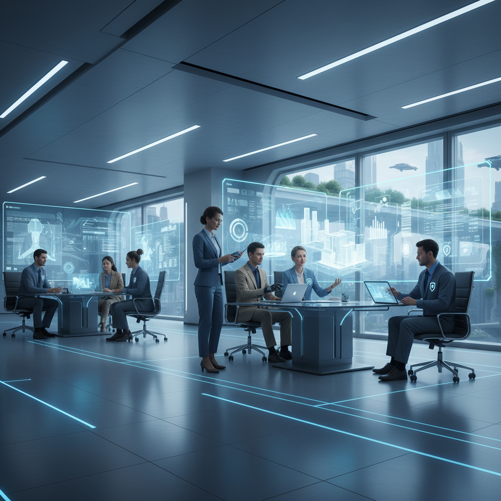 Travailleurs intérim et permanents collaborant dans un espace futuriste.