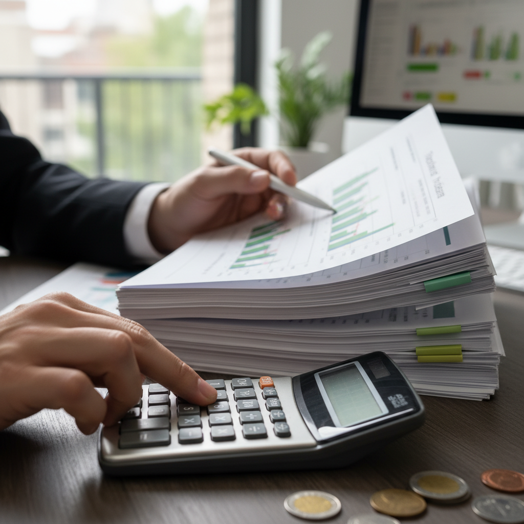 Calculatrice, documents fiscaux et mains professionnelles, illustrant l'analyse des coûts.
