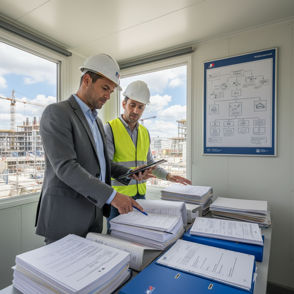 Inspecteur du travail vérifiant des documents sur un chantier, conformité SIPSI.