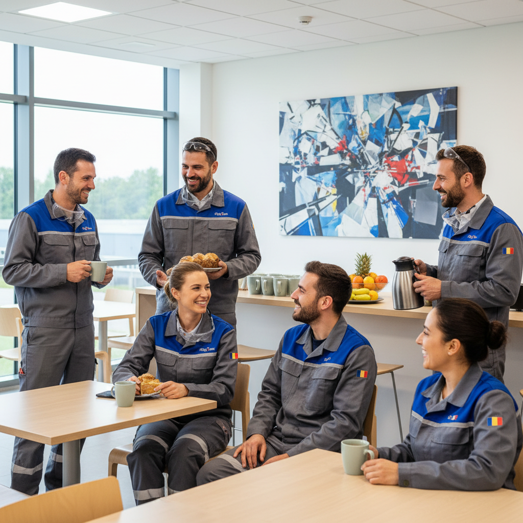 Travailleurs français et roumains partageant un café dans une pause.