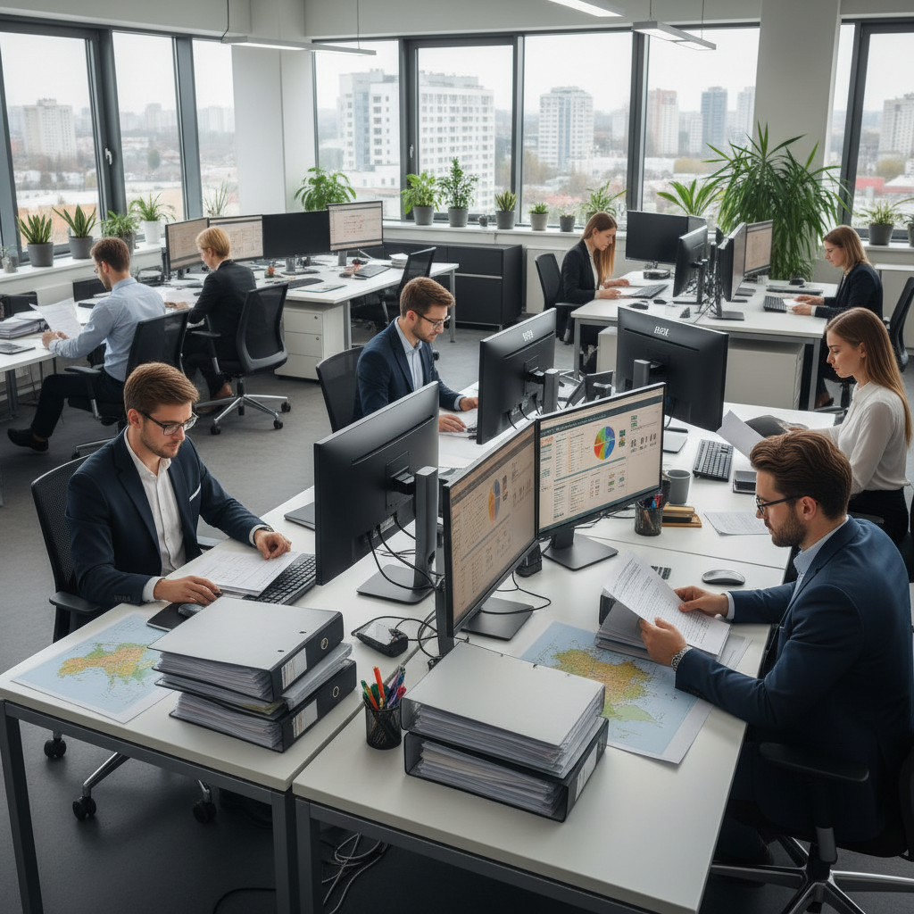 Agence d'intérim : conseillers analysant des dossiers de travailleurs européens.