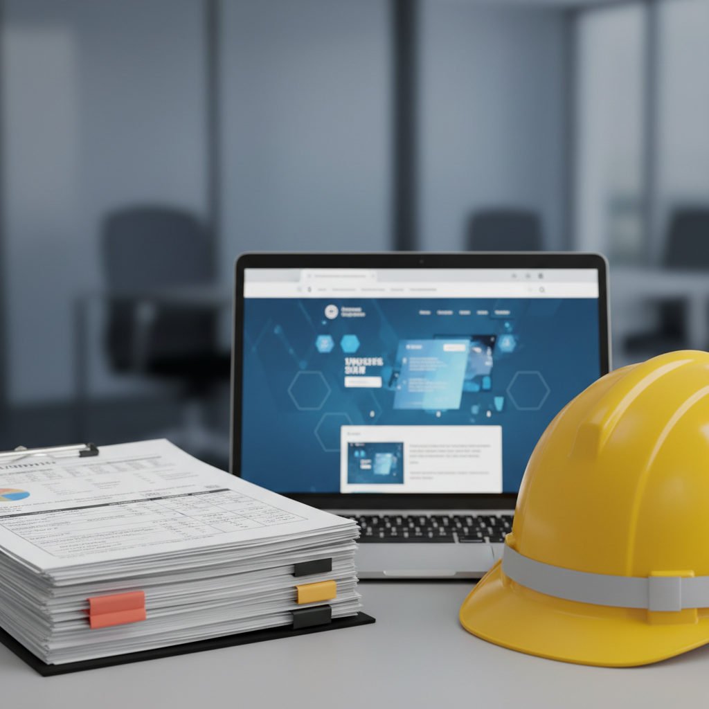 Documents administratifs, ordinateur et casque symbolisant la paperasse des travailleurs détachés.