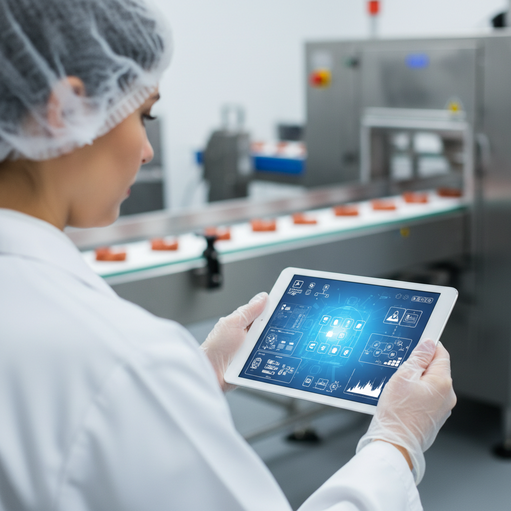 Un ouvrier contrôle un manuel d'hygiène en français sur une tablette.