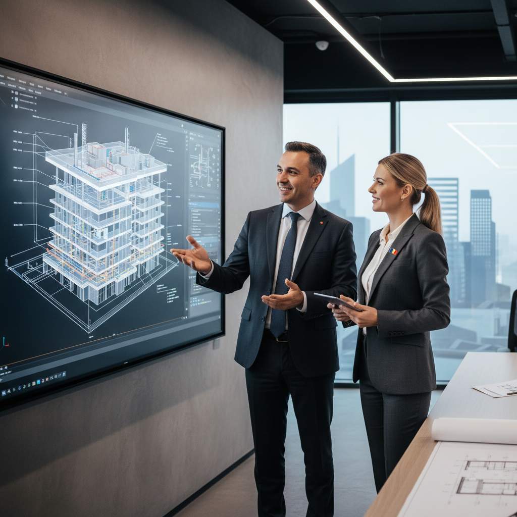Professionnels discutant d'un modèle BIM, illustrant l'avenir du BTP.
