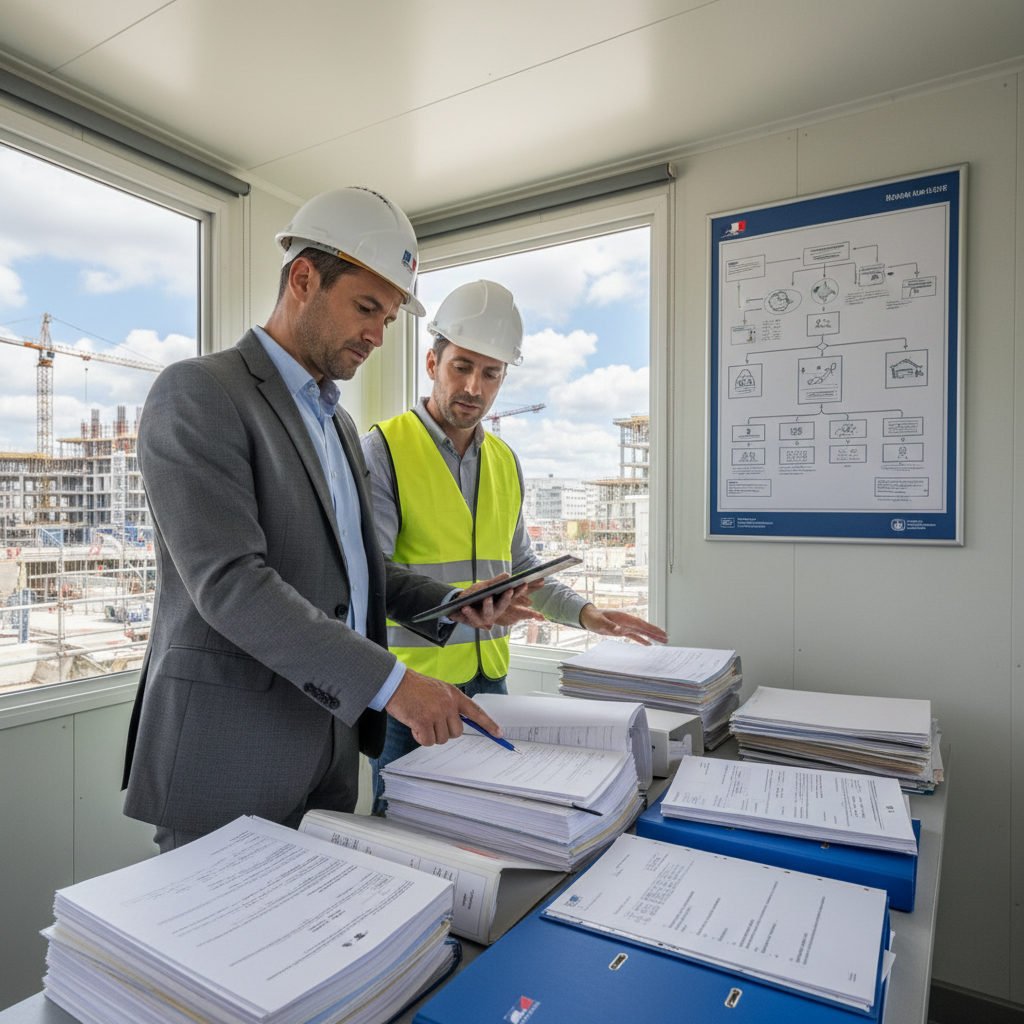 Inspecteur du travail vérifiant des documents sur un chantier, conformité SIPSI.